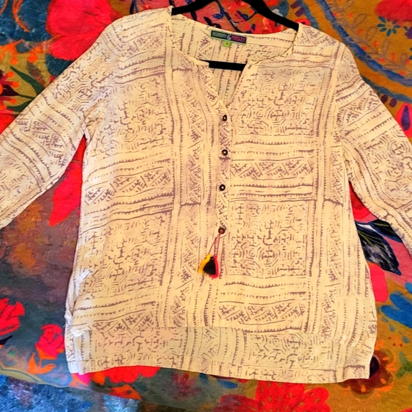 4/$20 Bombay Paisley Boho Button Down Breezy East-Indian-Inspired Top, Tassel, S - Picture 10 of 13
